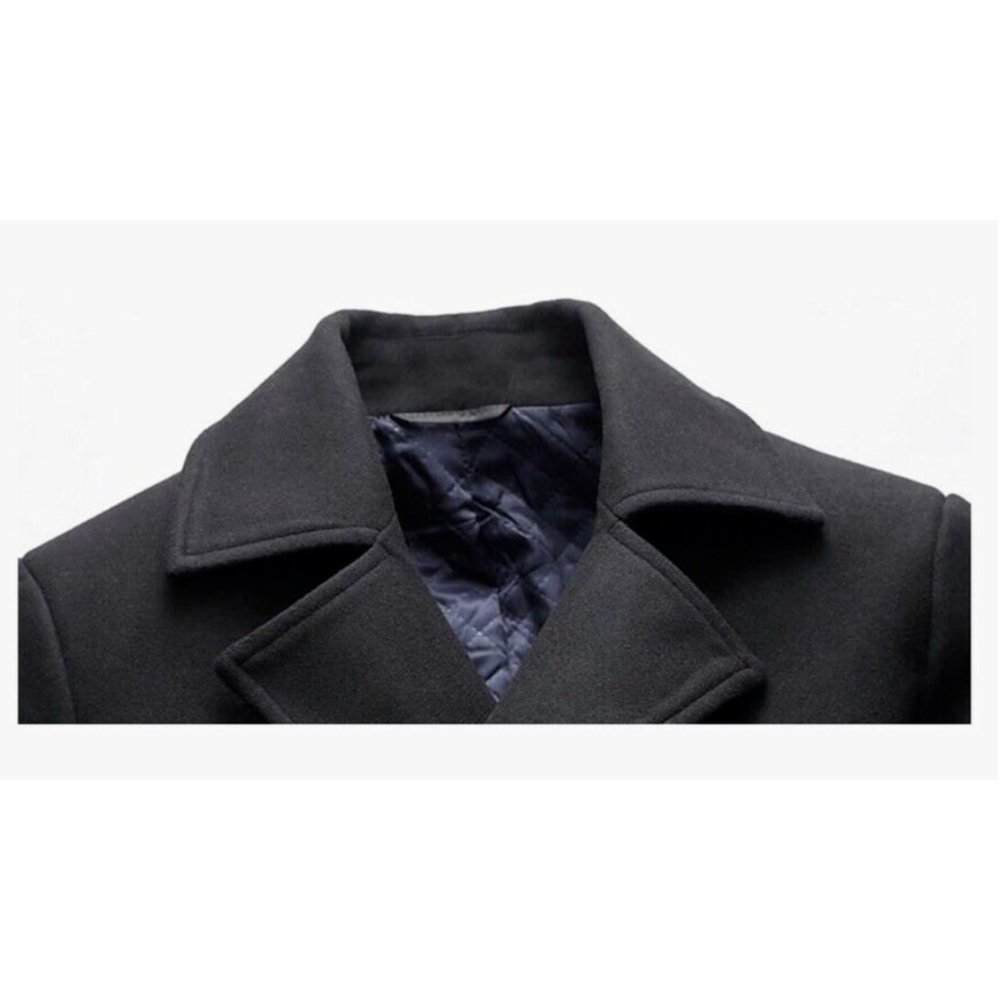 Chouyatou Men's Classic Notched Collar Double Breasted Wool Blend Pea Coat Blk S